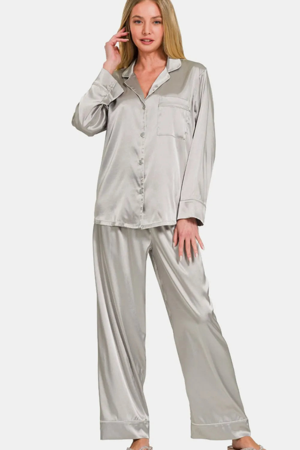Silver satin long-sleeve pajama shirt with collar, button front, and wide-leg pants