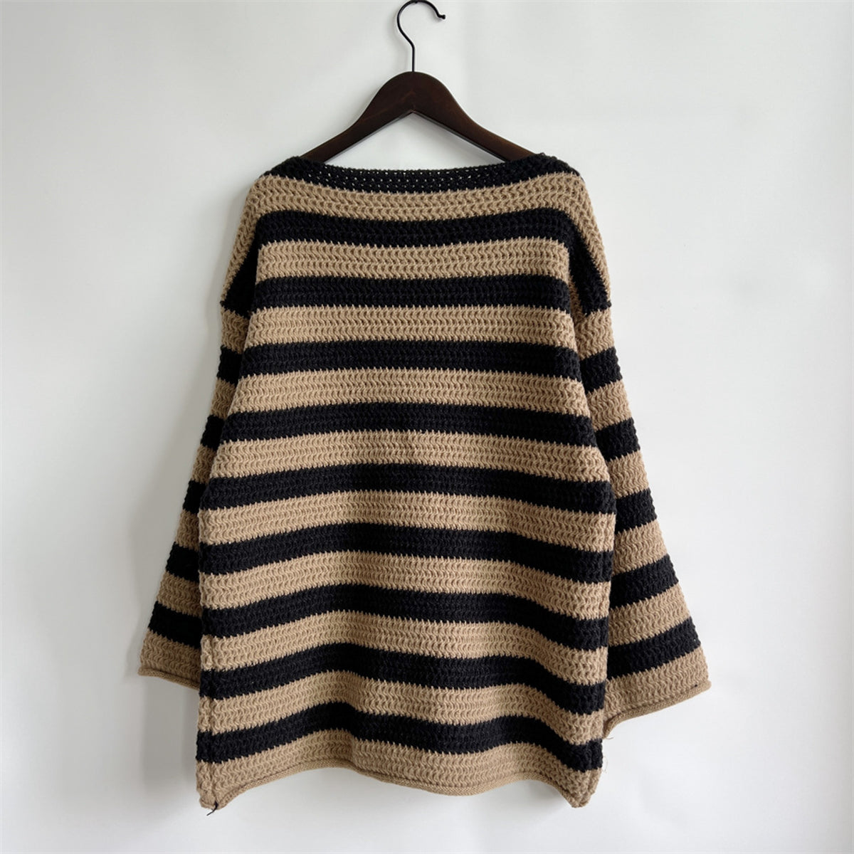 Striped long sleeve sweater, tan and dark brown striped knit, crew neck, hanging view