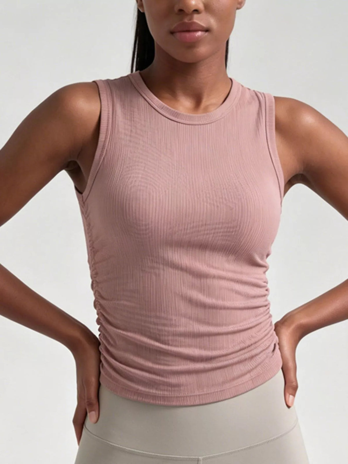 Women’s dusty pink ribbed ruched active fitness tank top with crew neckline