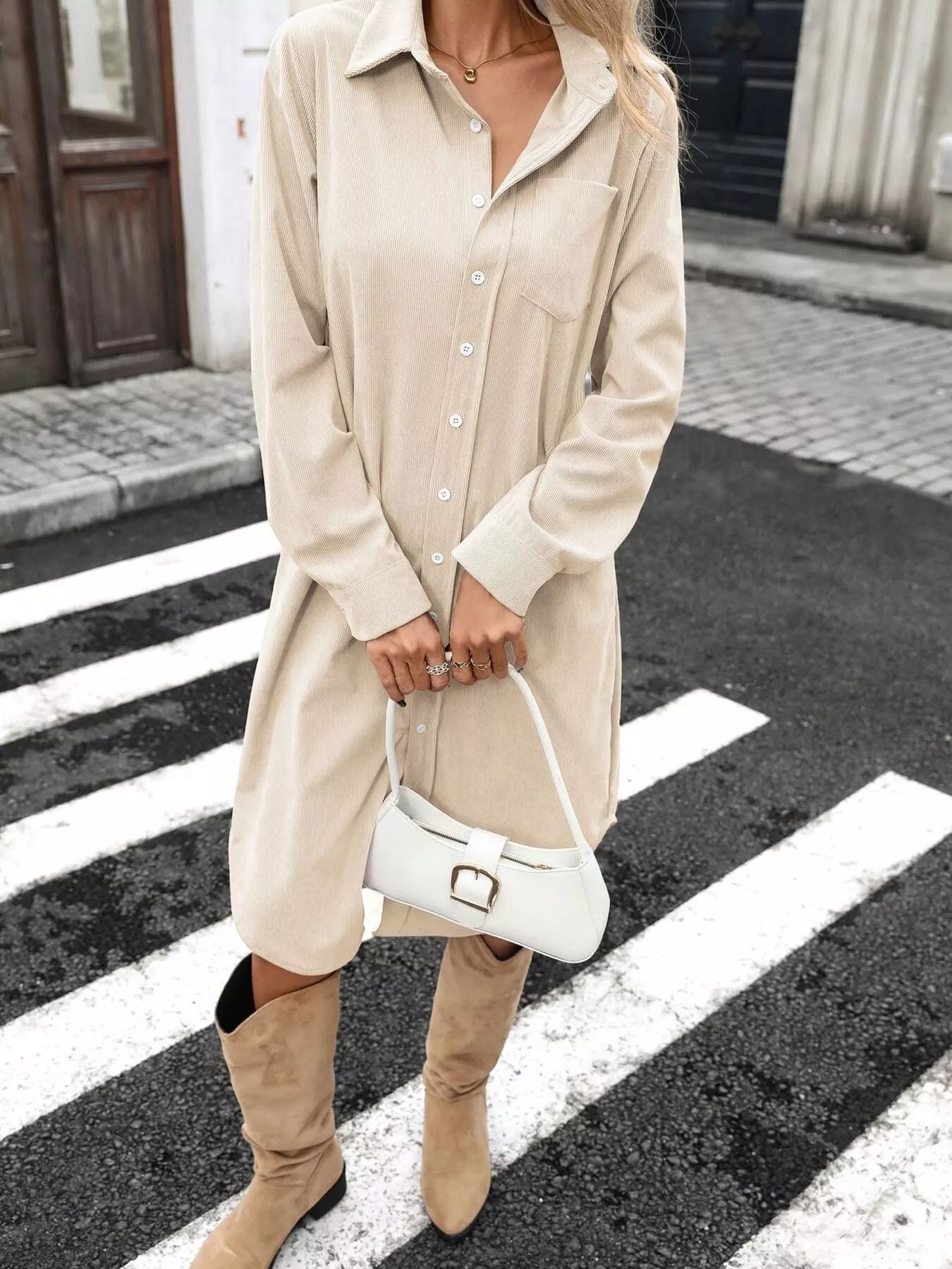 Cream corduroy shirt dress, button-front, long sleeves, midi length