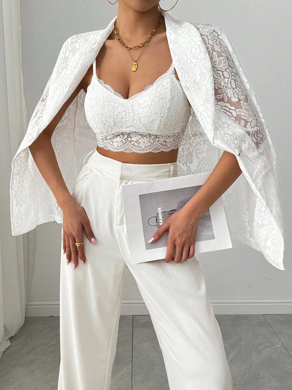 White lace lapel long-sleeve blazer, open front with lace hem and cuffs