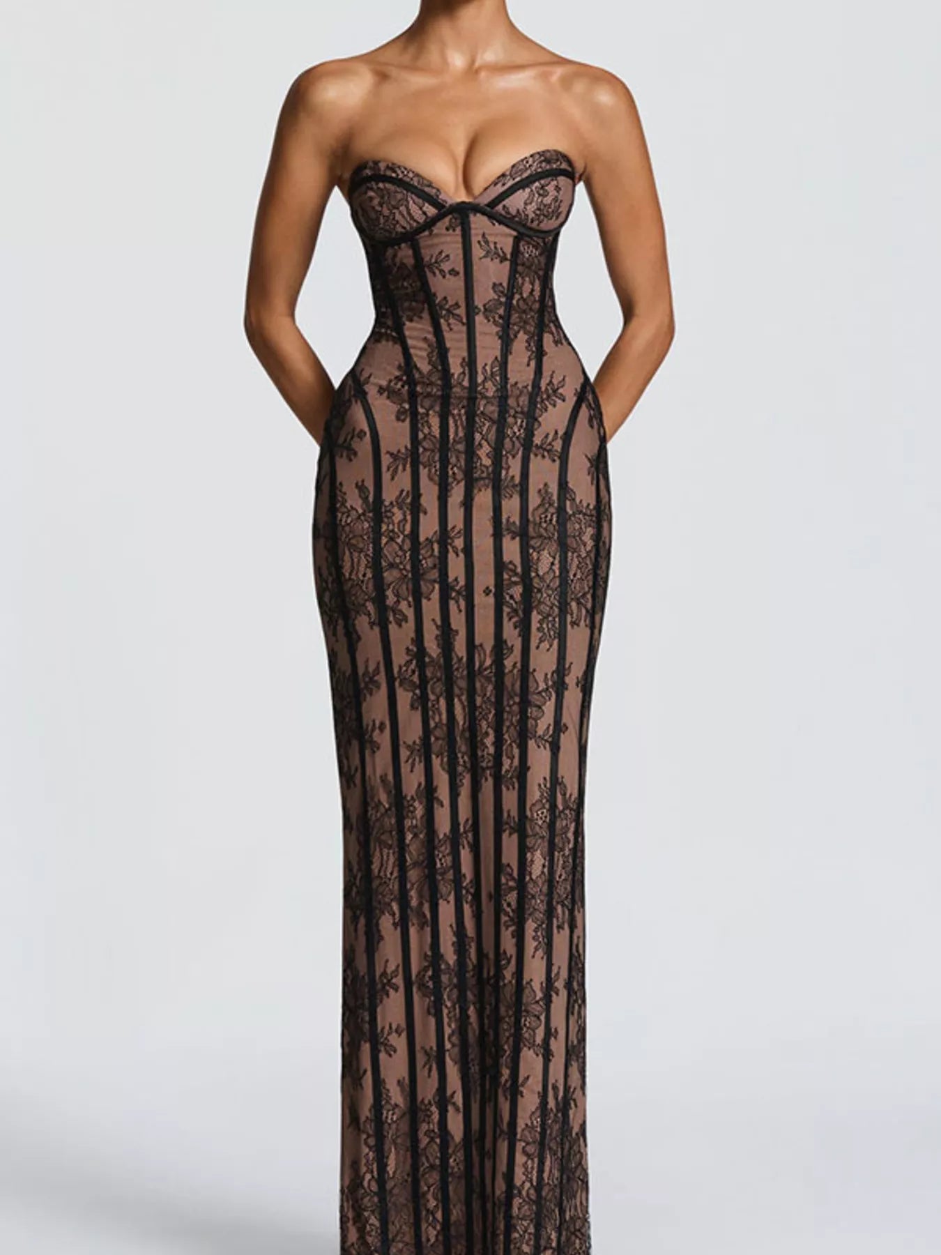 Cedar & Moore Lace Up Back Strapless Maxi Dress by Trendsi in black lace with nude lining