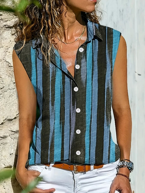 Striped sleeveless button-up shirt in sky blue and dark blue with white buttons