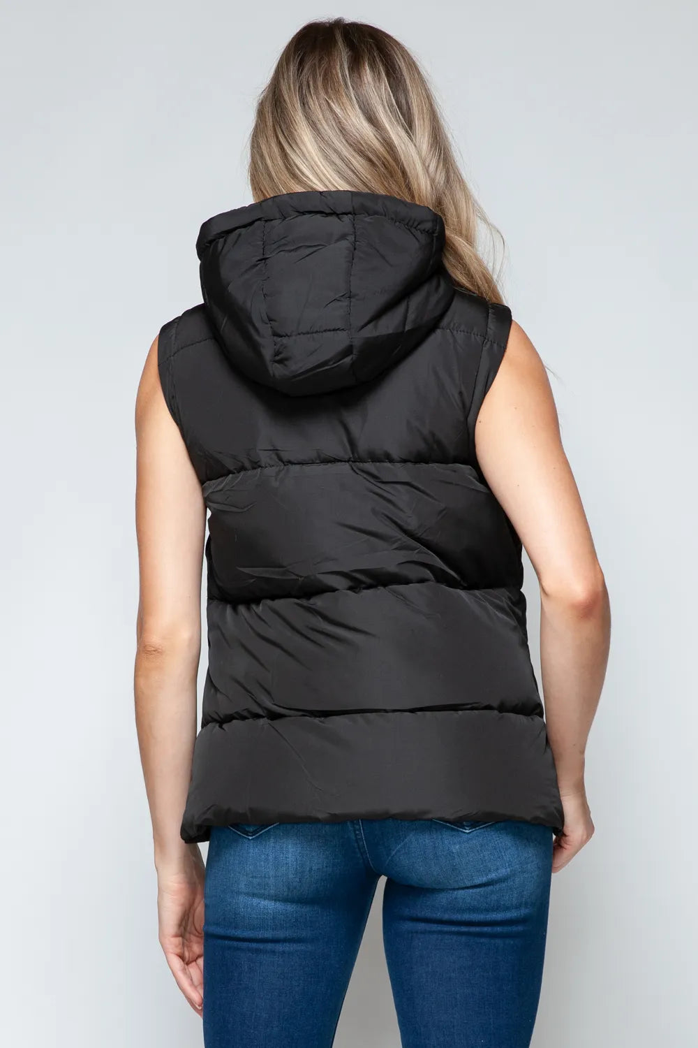Black zip-front hooded puffer vest, back view with padded hood