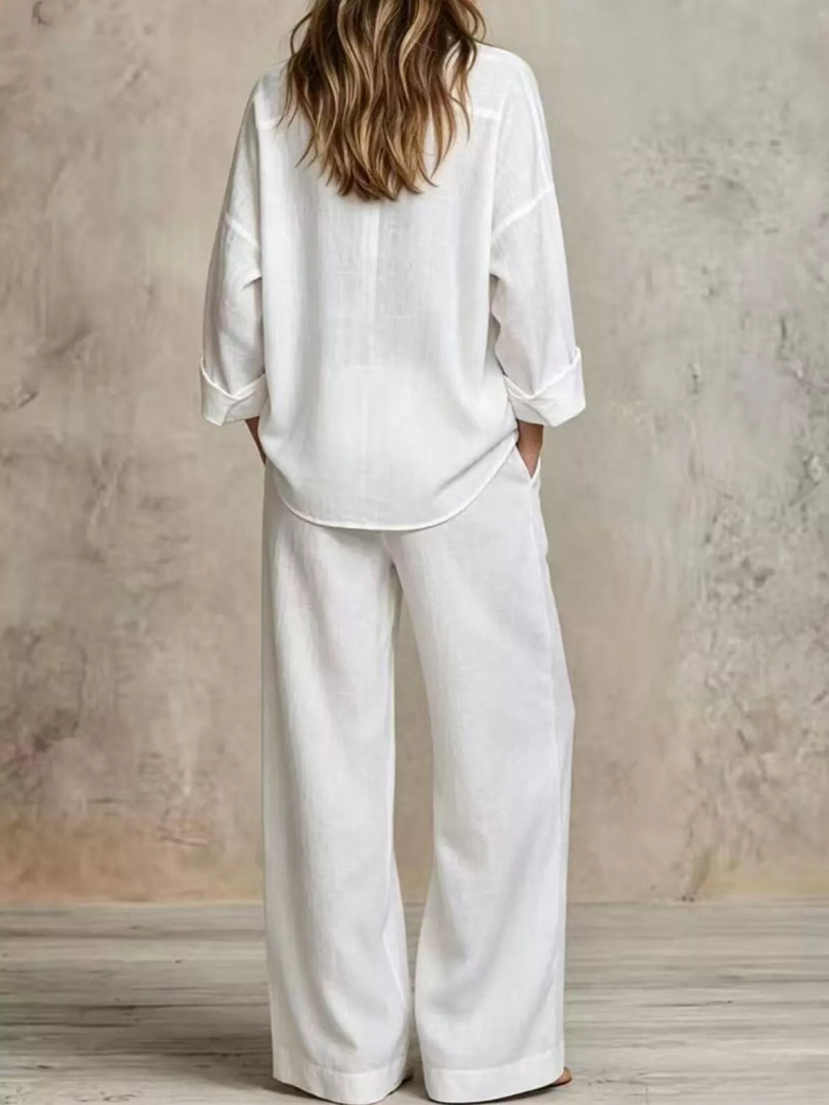 White wide-leg button-down shirt and wide-leg pants set with front buttons