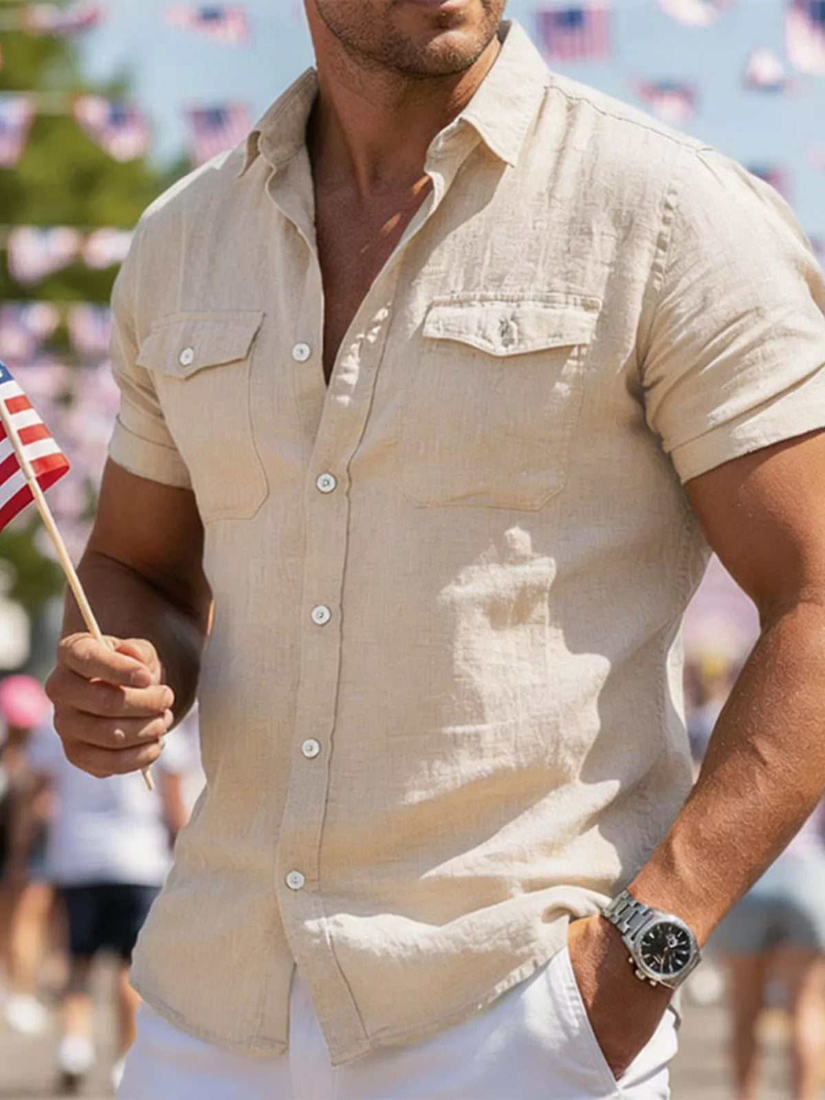 Men's khaki short-sleeve button-up cotton shirt with chest pocket and buttons