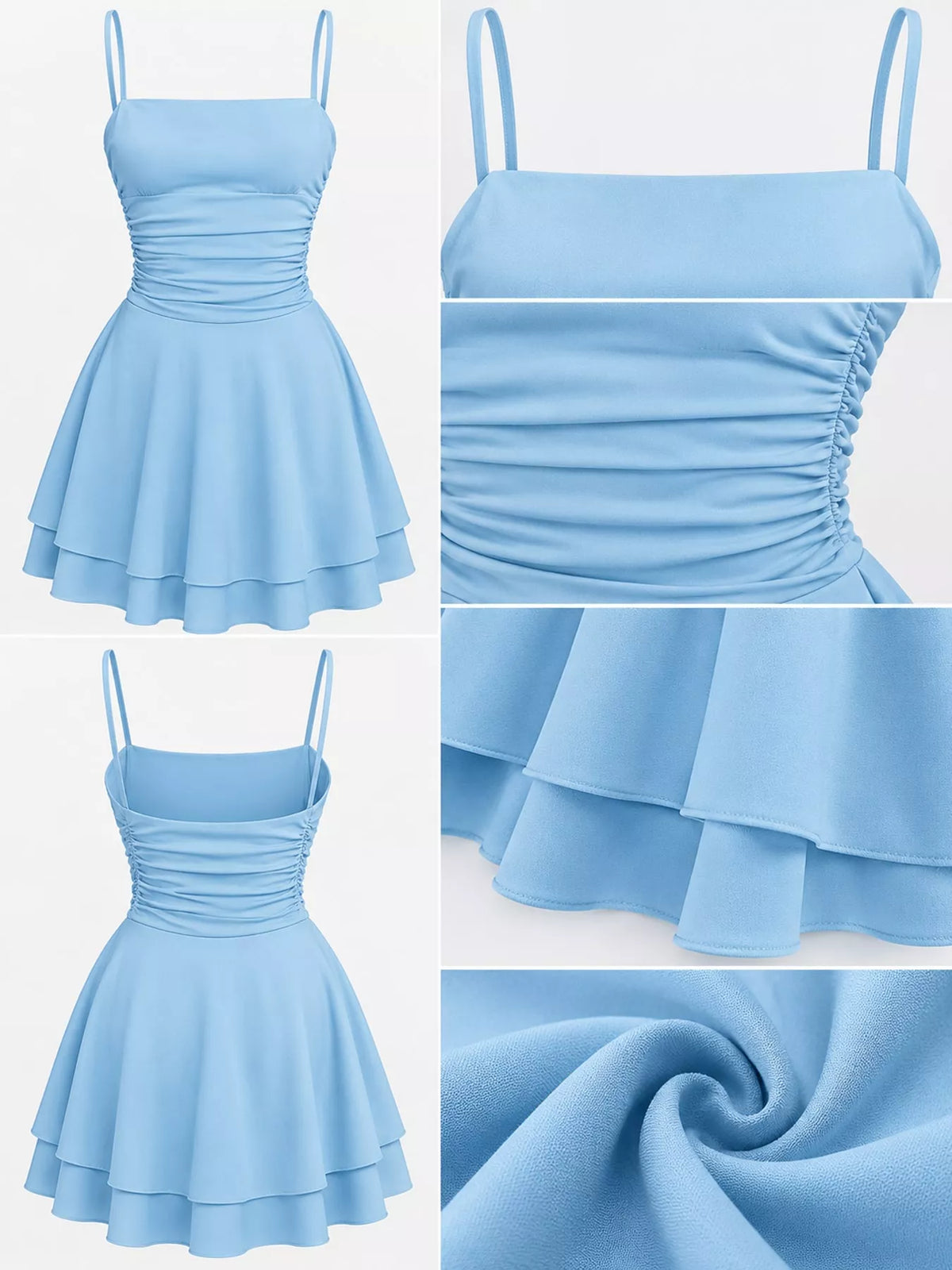 Light blue ruched mini dress showing spaghetti straps and layered tiered hem