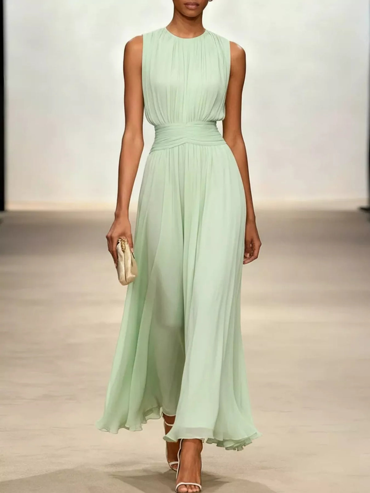 Light green sleeveless ruched chiffon maxi dress with gathered waist and flowing skirt