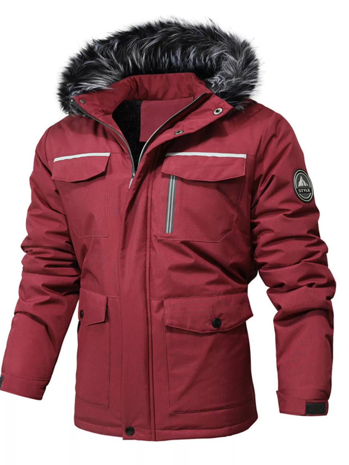 Men's fur-hooded parka jacket in burgundy with faux fur trim and front zipper