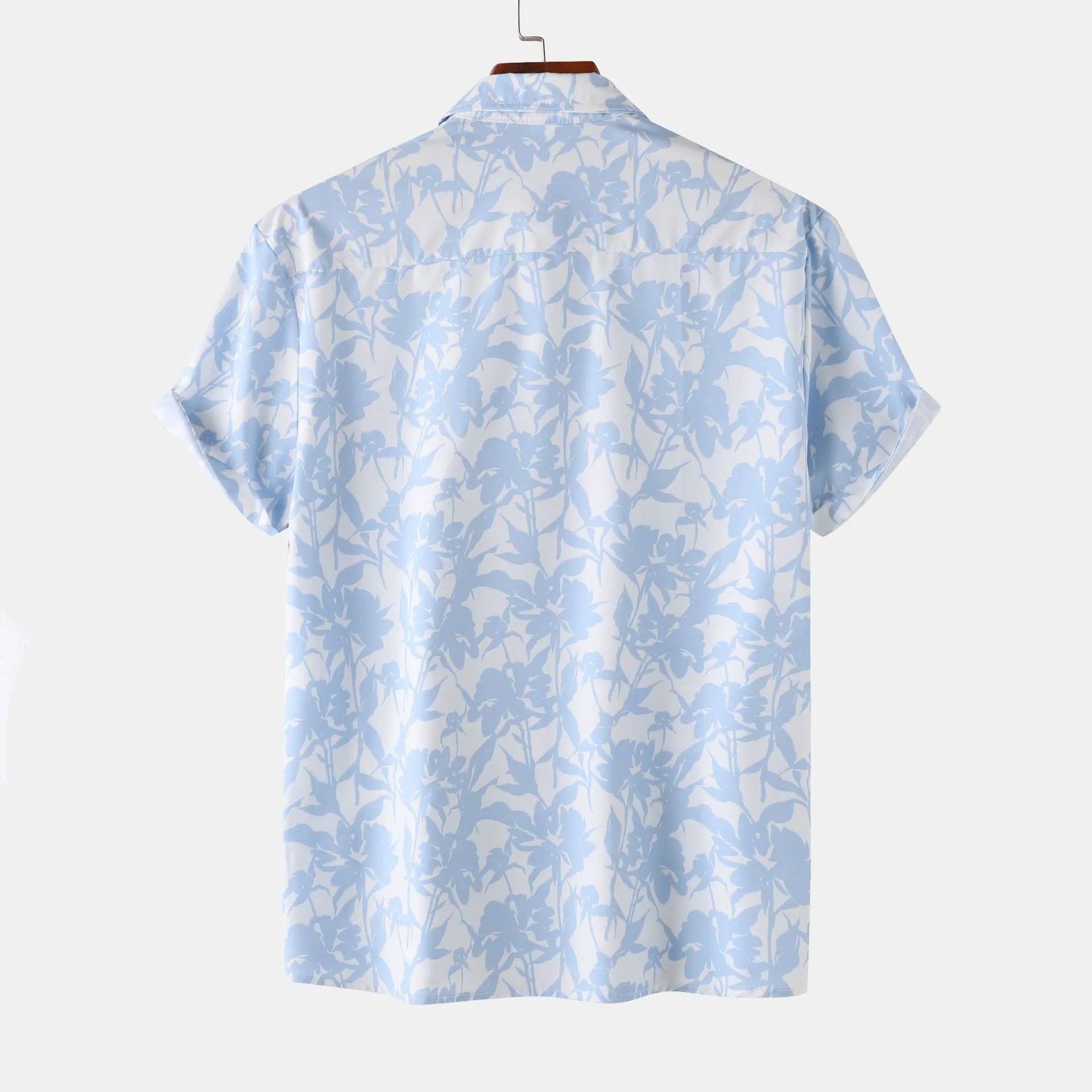 Light blue printed short-sleeve button-up shirt, back view with pointed collar and short sleeves