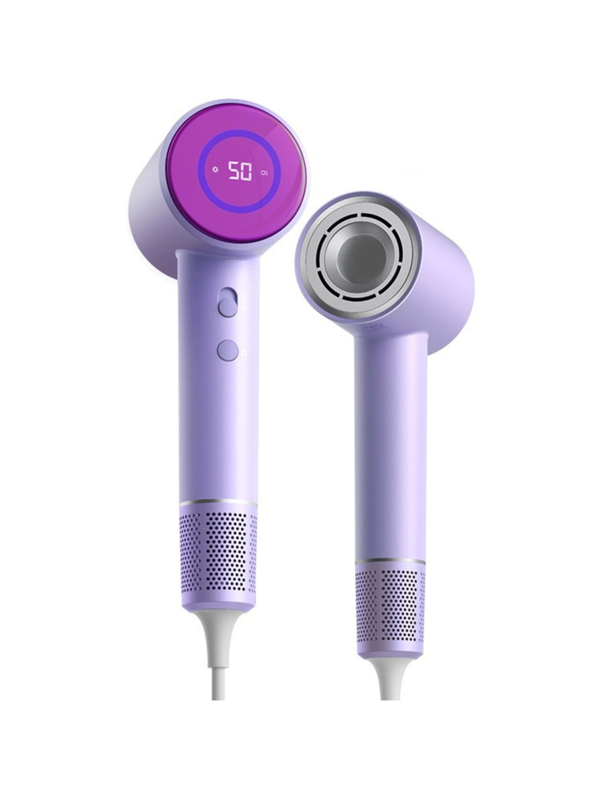 Lavender hair dryer set with round purple digital power displays and vented air intakes