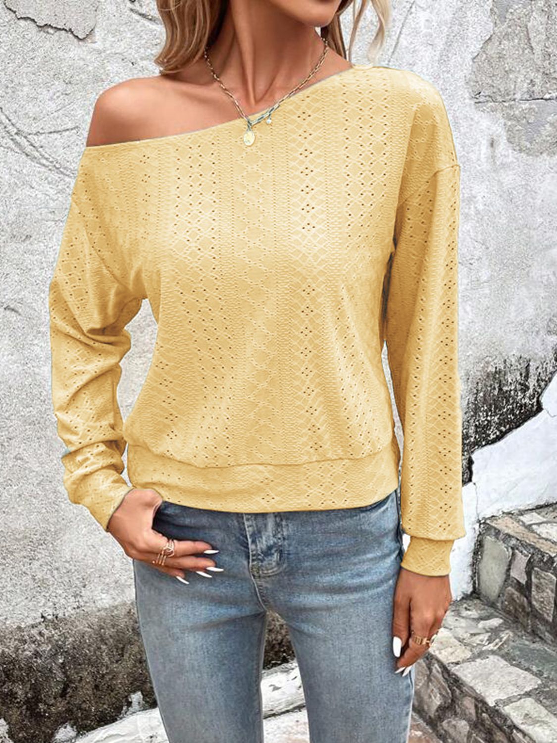 Yellow eyelet one-shoulder dropped-shoulder blouse with long sleeves