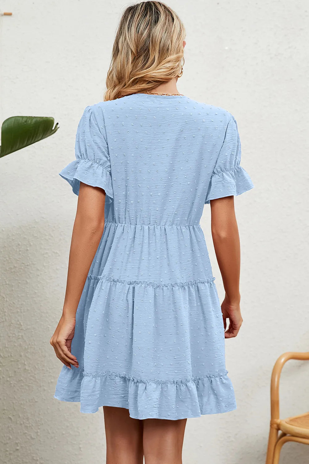 Swiss Dot V-Neck Flounce Sleeve Mini Dress in light blue with ruched waist and tiered ruffle hem