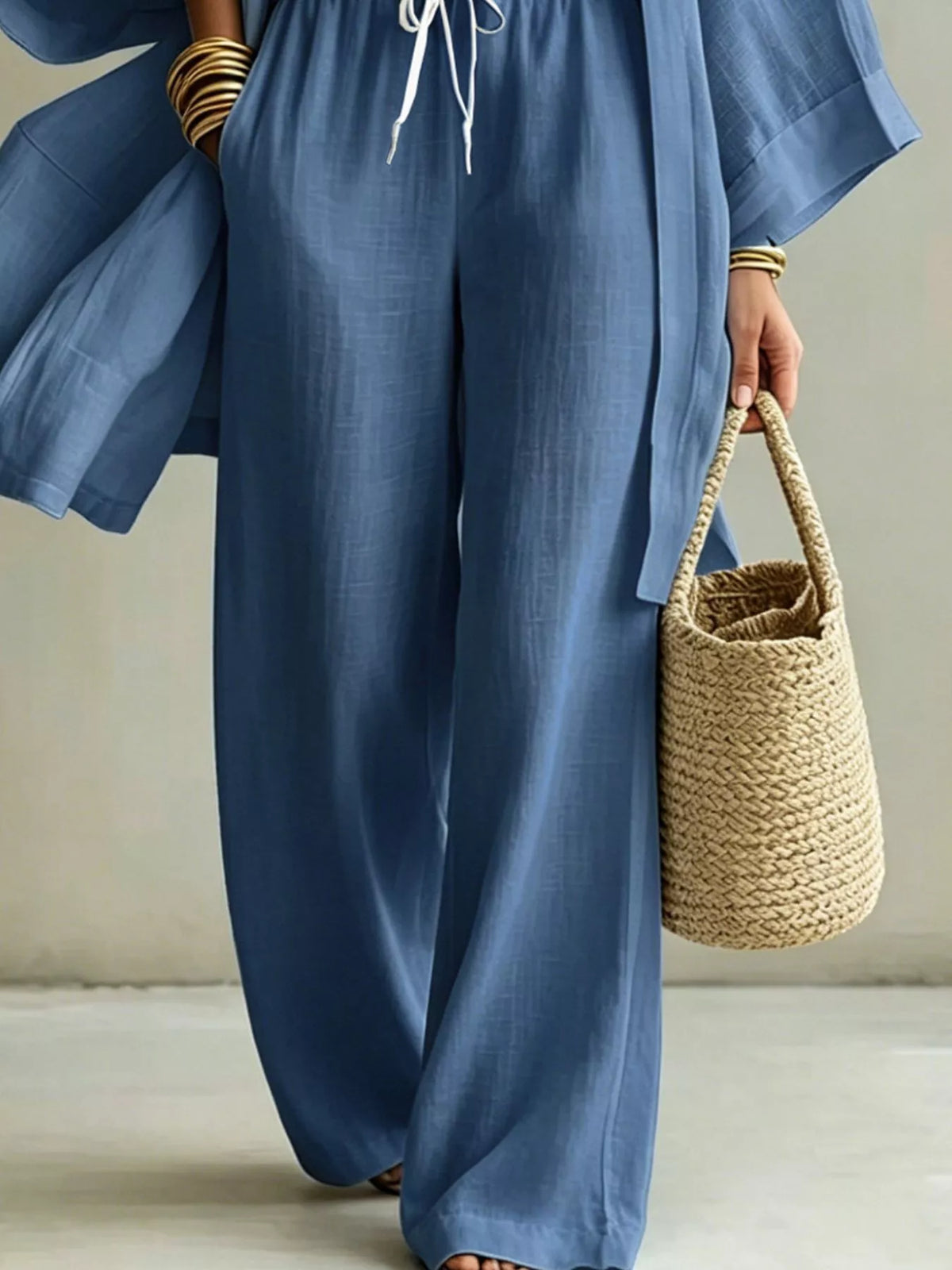 Sky blue wide-leg pants with drawstring waist