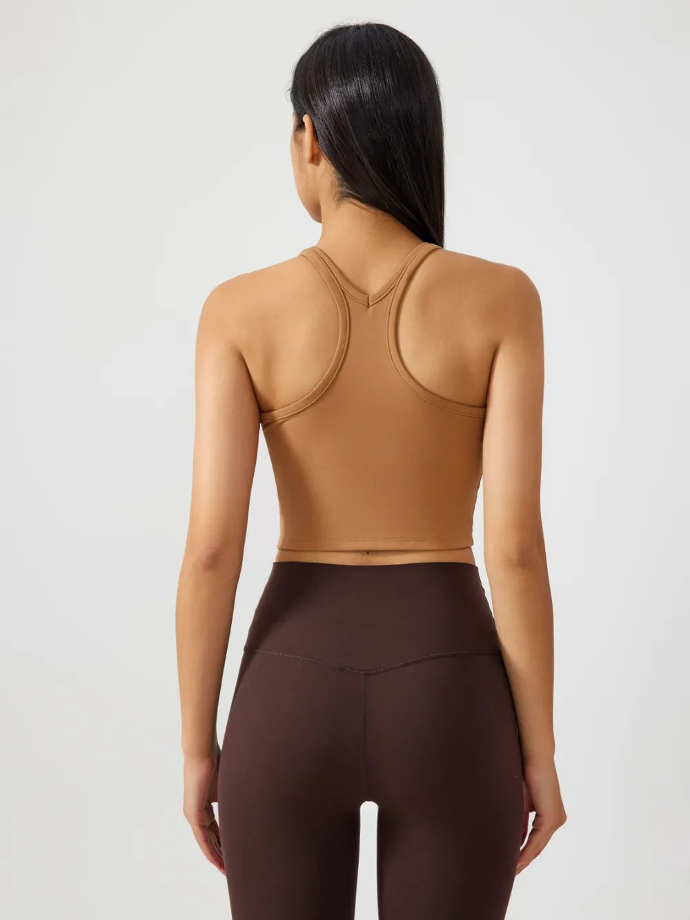 Caramel racerback active tank with scoop neckline, back view.