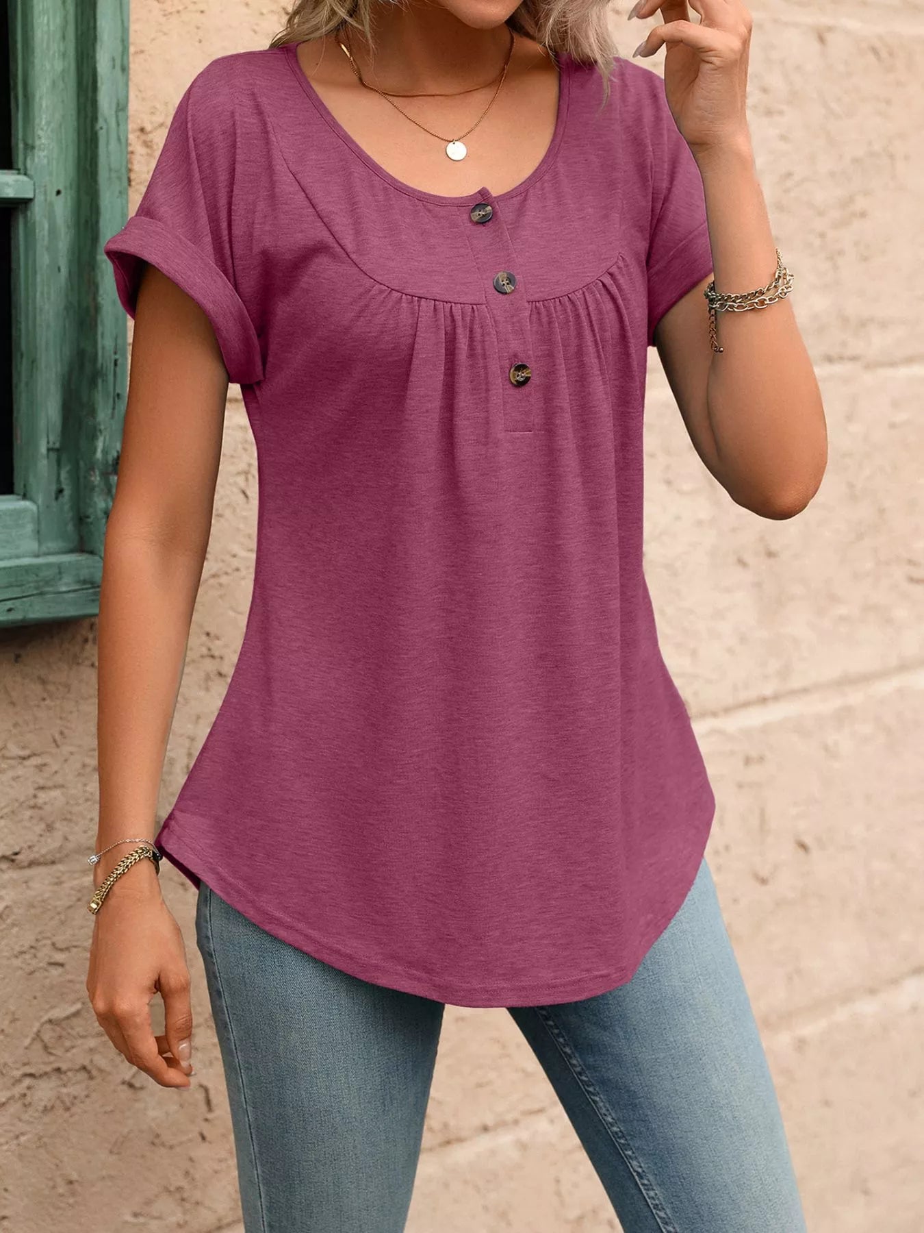 Burgundy henley T-shirt with short sleeves, front buttons, and gathered neckline