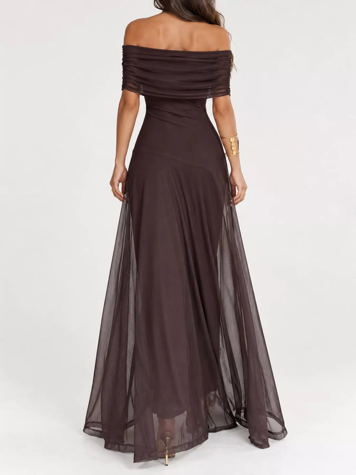 Coffee off-shoulder ruched maxi dress with sheer mesh skirt panels and flowing full length