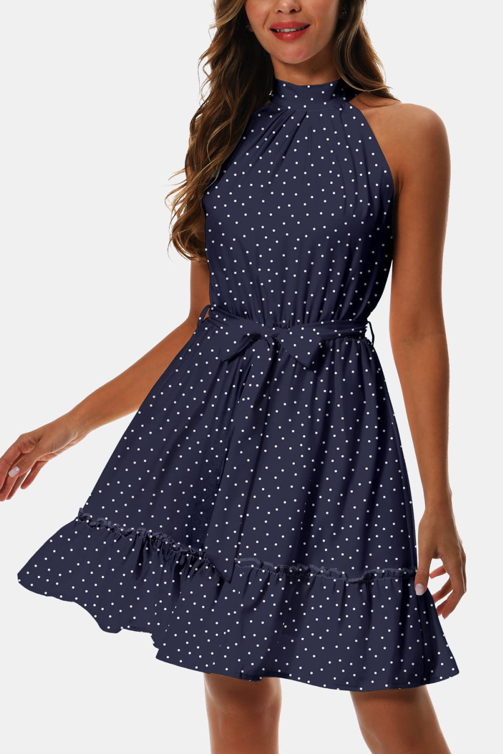 Dark blue dotted halter tie-waist frill-trim dress with layered ruffle hem