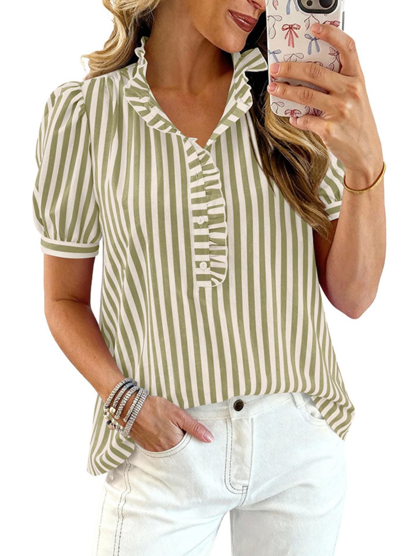 Frill Striped Puff Sleeve Blouse by Trendsi, green-and-white striped with a ruffled button placket