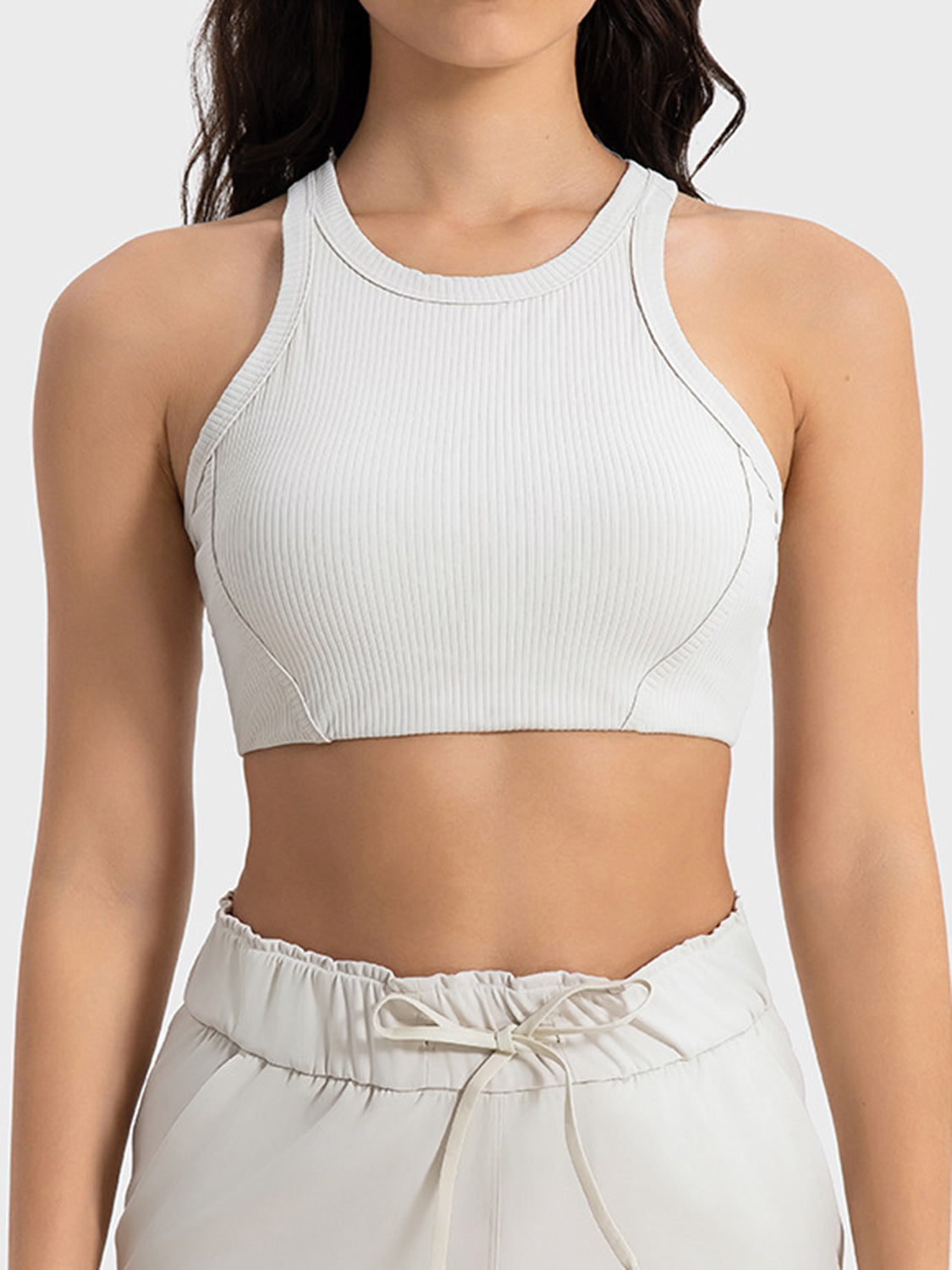 White cropped sport tank with wide straps and ribbed texture