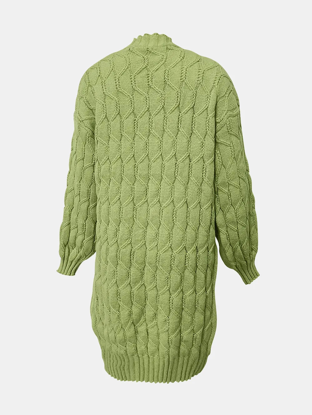 Open-front long sleeve cardigan, textured green cable-knit back view