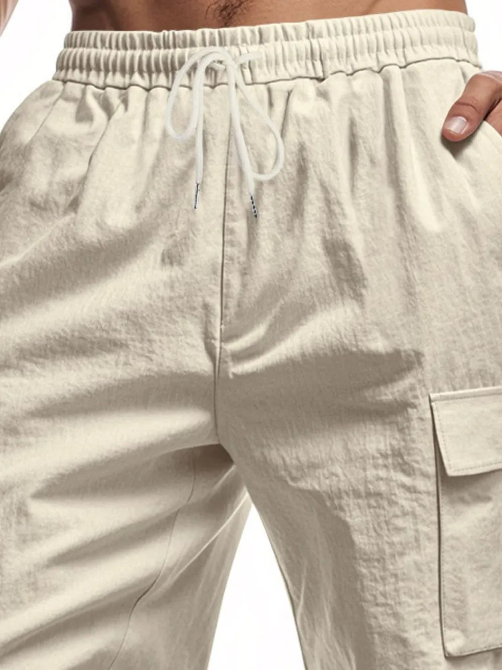 Men's khaki drawstring cargo shorts with elastic waistband and side flap pocket