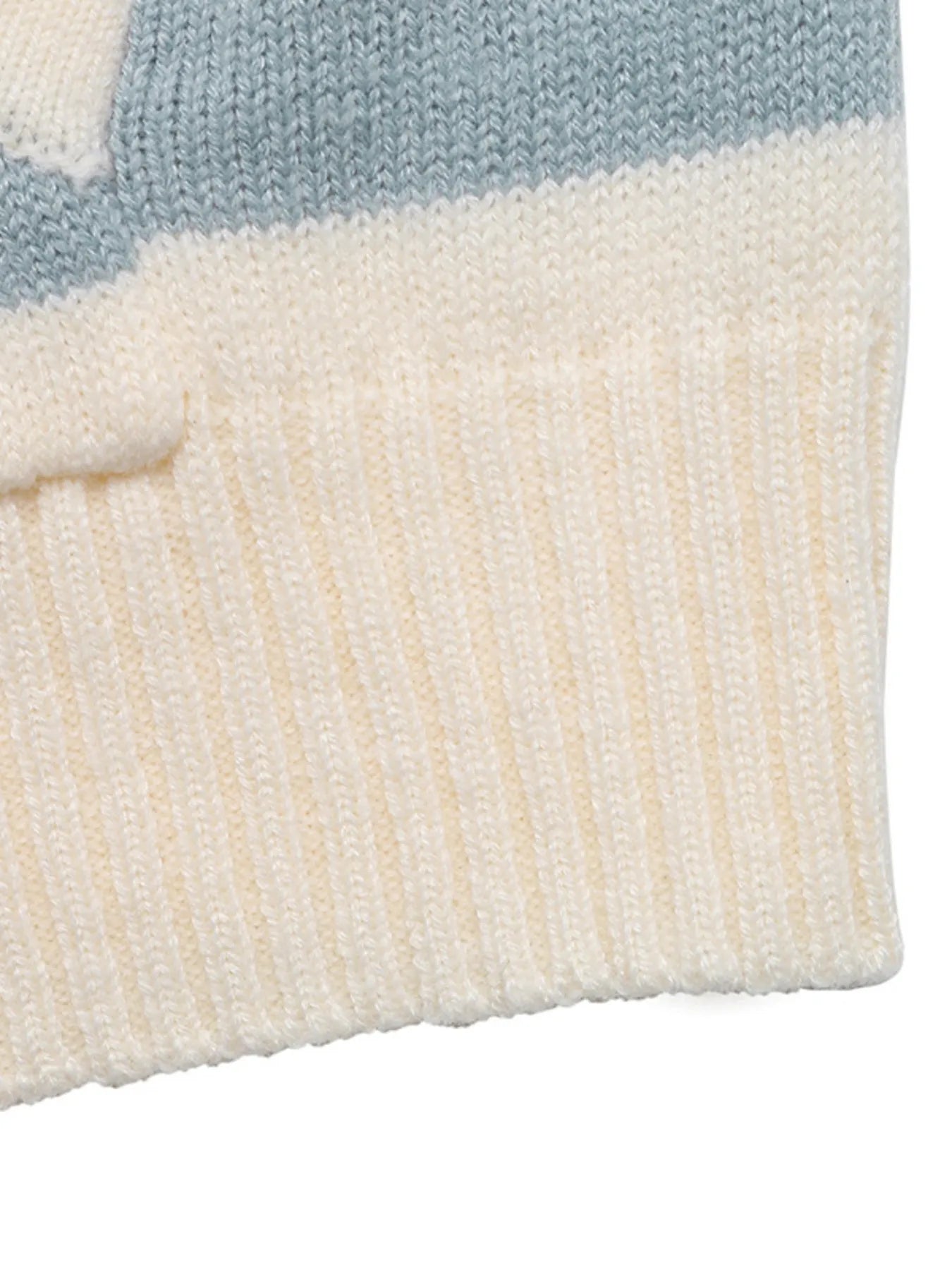 Striped knit cardigan hem with ribbing, cream body and light blue stripe band