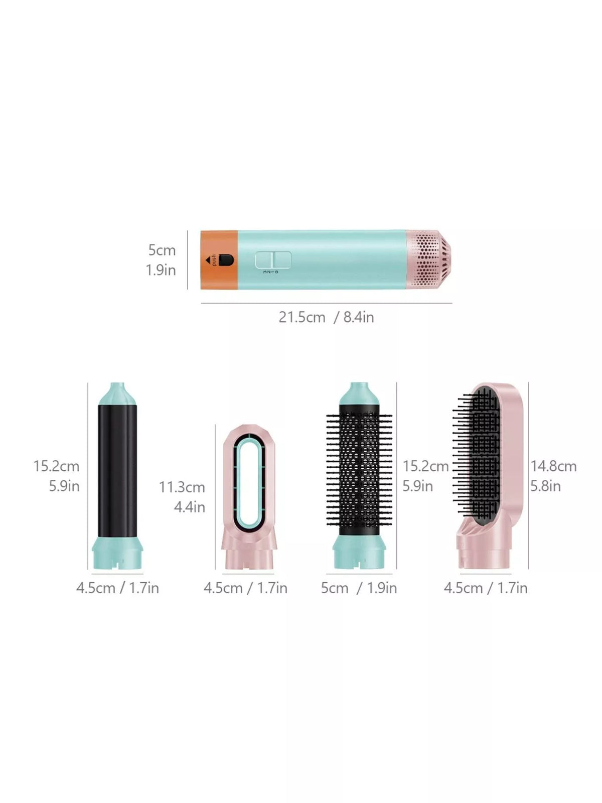 Interchangeable curling wand set with teal handle and four attachment barrels, size view
