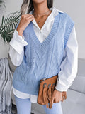 Light blue openwork V-neck sweater vest, sleeveless knit with textured diamond pattern.