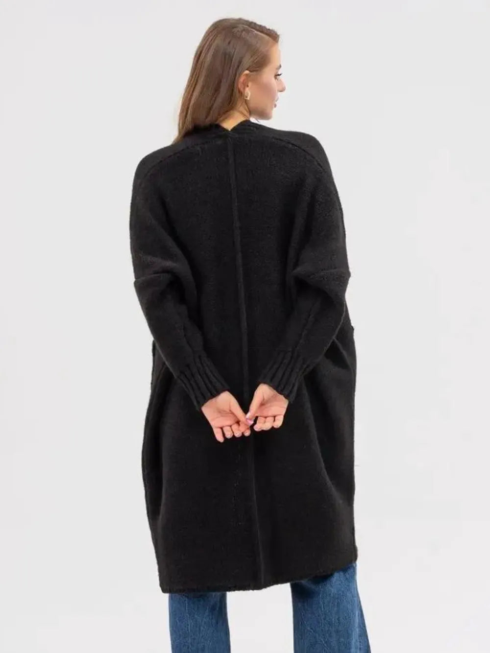 Black longline open-front cardigan, long sleeves with ribbed cuffs