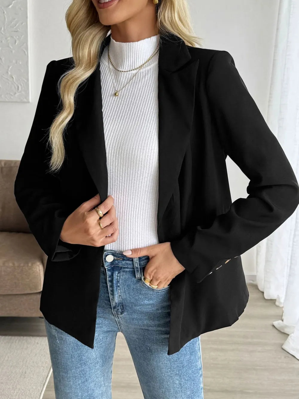 Black lapel-collar blazer open front with two-button cuffs