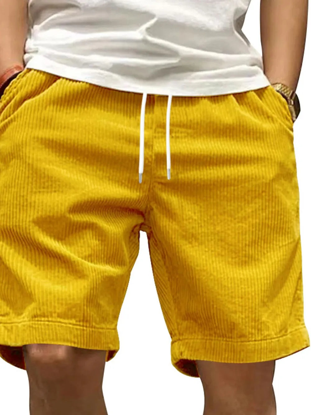 Men's drawstring shorts with side pockets, mustard yellow fabric and white cord