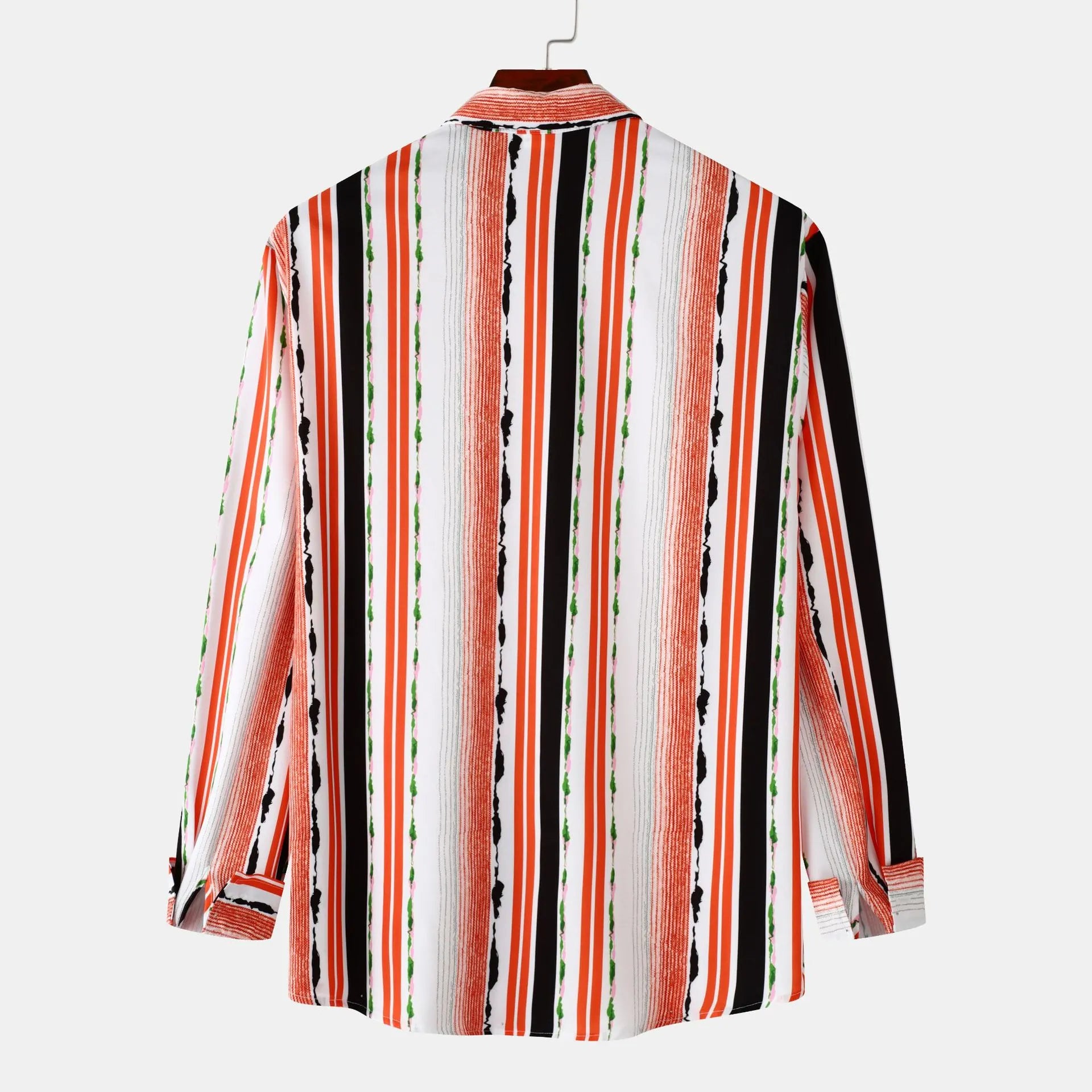 Men's striped long-sleeve button-up shirt, red multicolor vertical stripes, back view