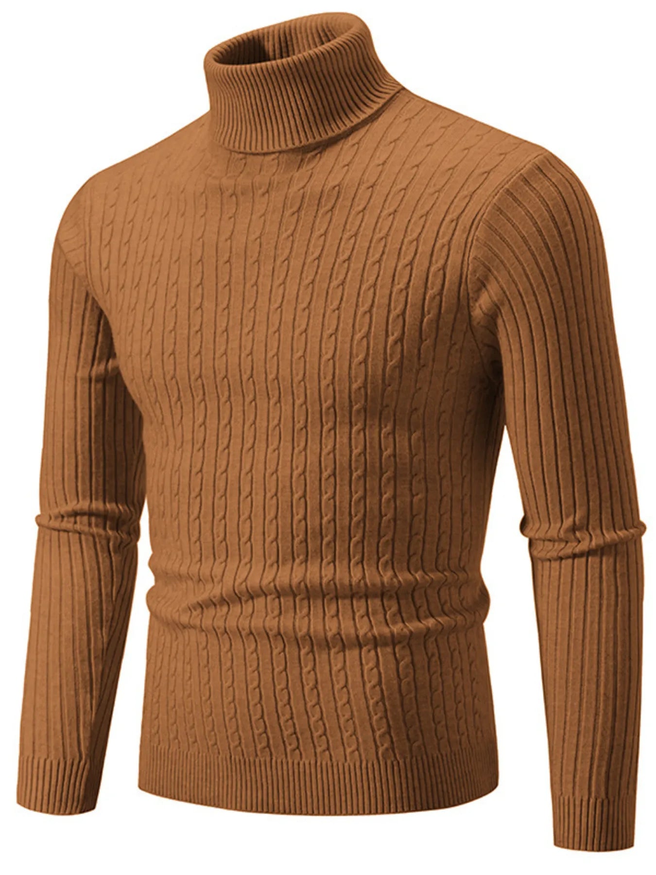 Tan ribbed turtleneck long sleeve sweater with knit texture and fitted waist