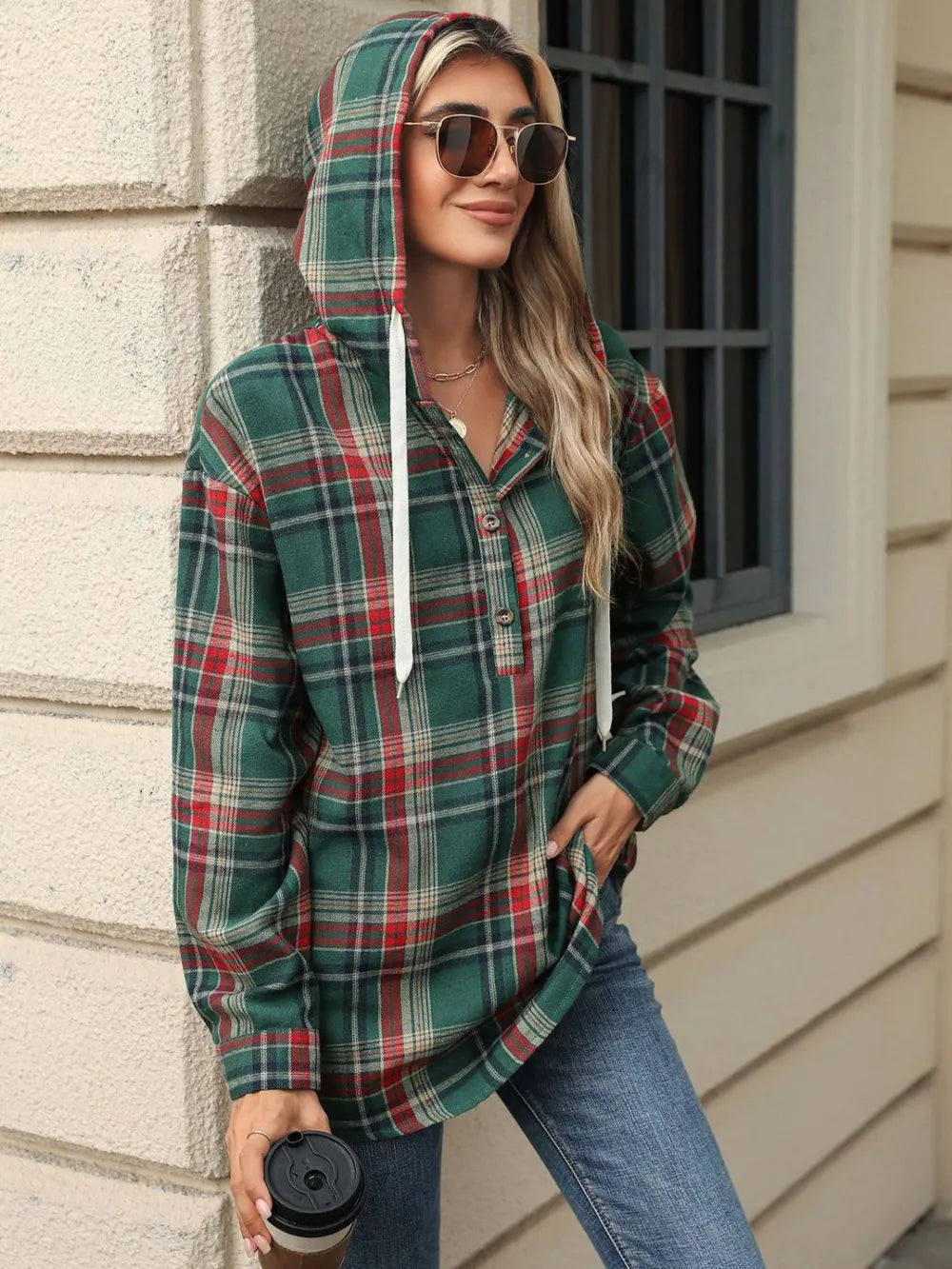 Green plaid hooded long-sleeve top with front buttons and drawstring hood