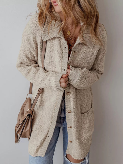 Beige button-front cardigan with flap pockets and long sleeves, open collar