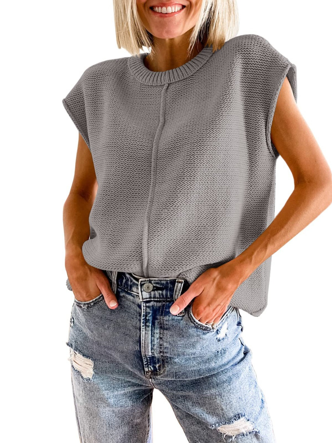 Cap-sleeve sweater vest in dark gray knit with a ribbed crew neck and vertical seam detail
