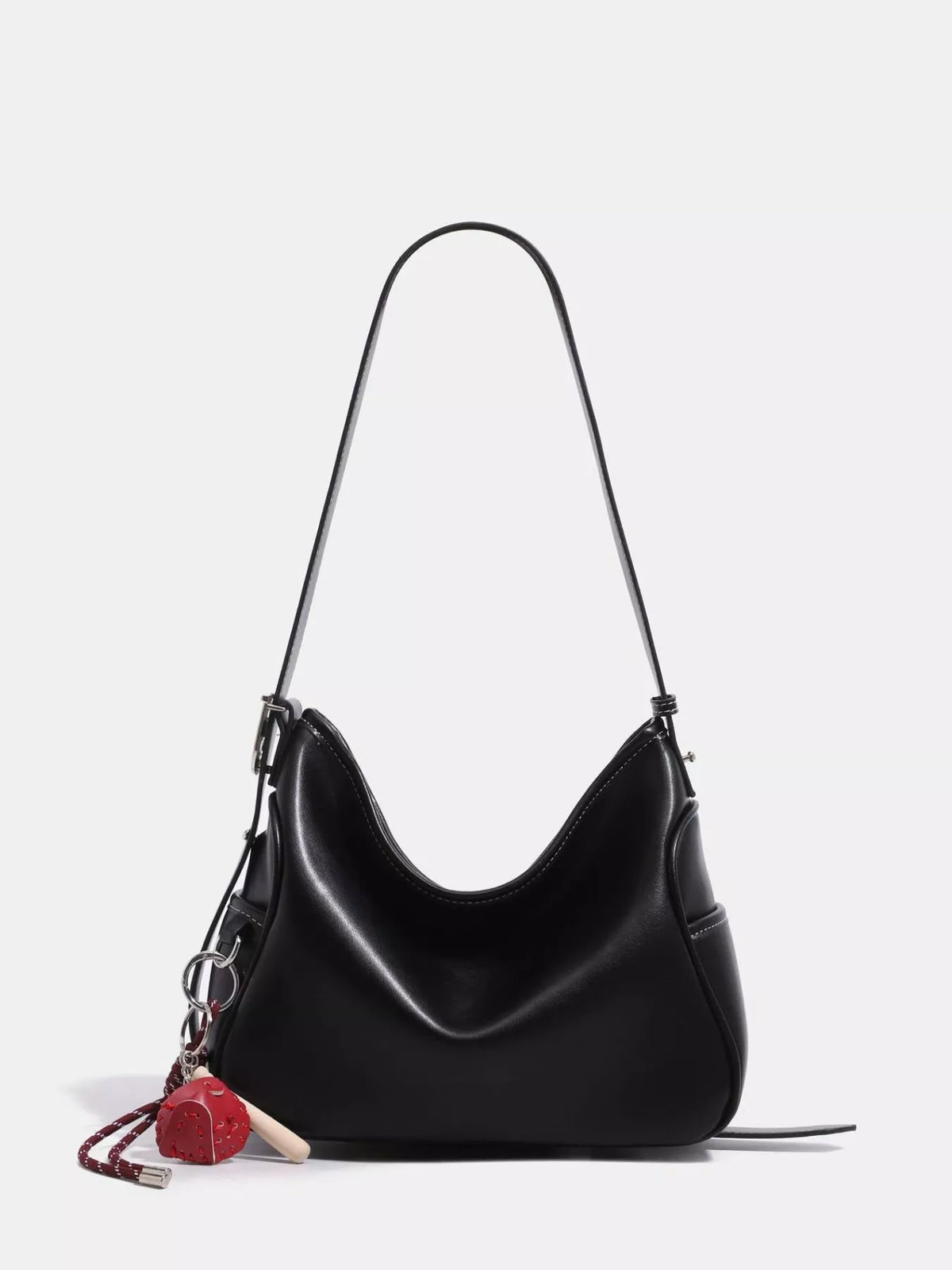 Black slouchy vegan leather hobo shoulder bag with short shoulder straps and chain charm