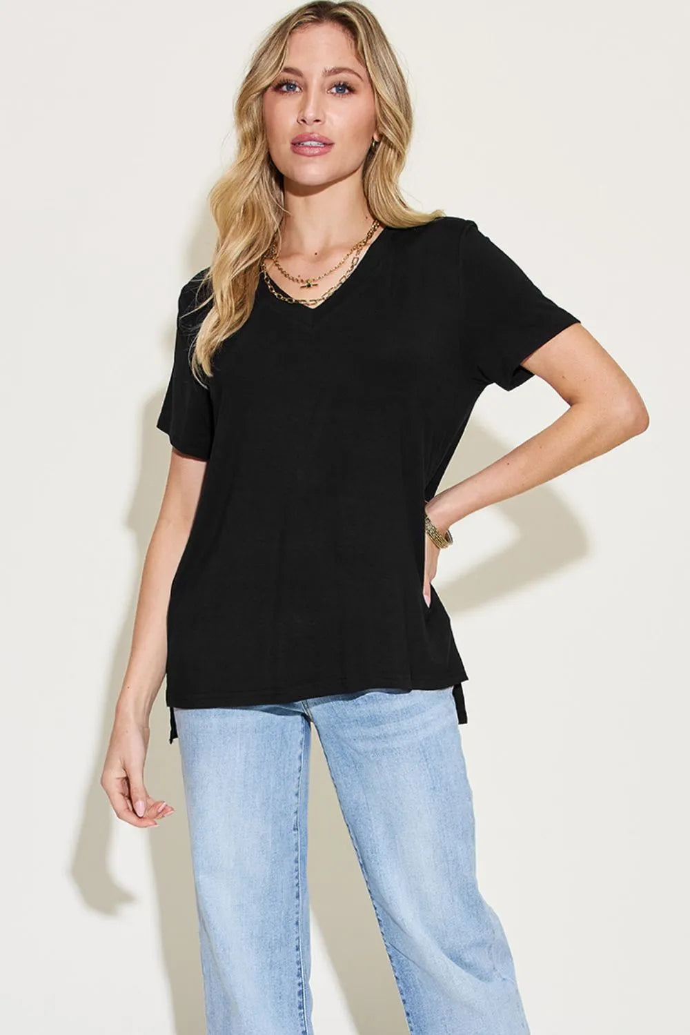 Cedar & Moore Basic Bae Full-Size V-Neck High-Low T-Shirt, black short-sleeve tee by Trendsi
