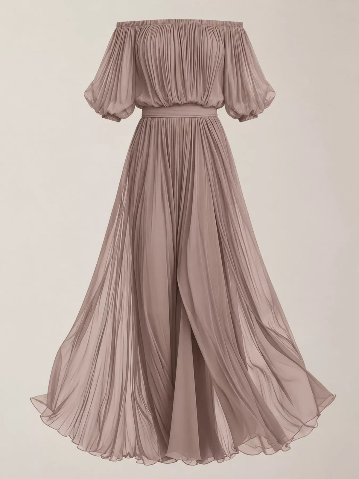 Taupe off-shoulder ruched chiffon maxi dress, back view with pleated tiers and flared hem