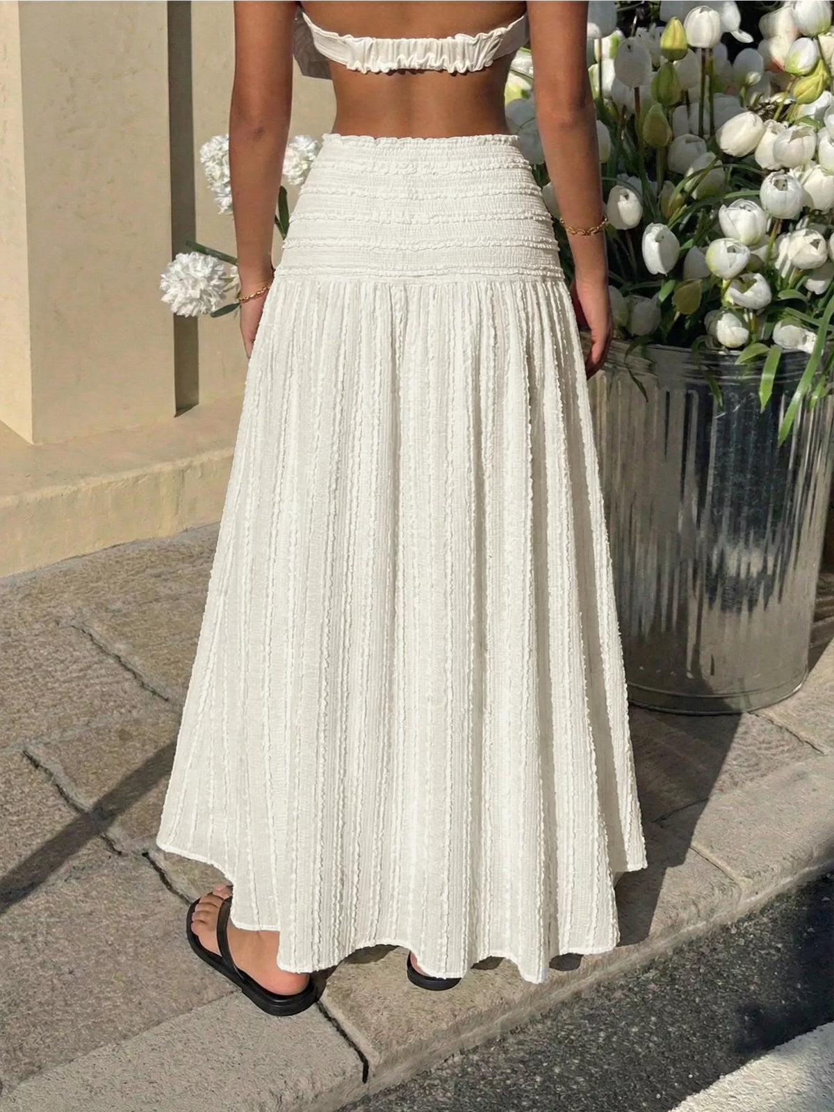 Ivory soft textured midi skirt with tiered skirt hem and subtle vertical striping