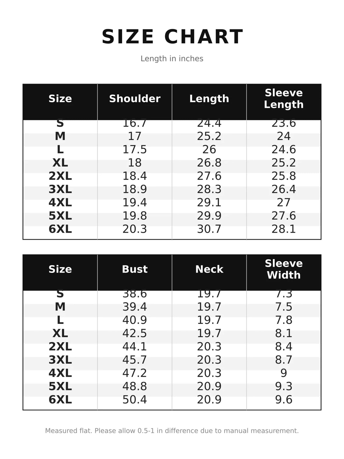 Mens bomber jacket size chart with length, sleeve length, bust, and neck measurements