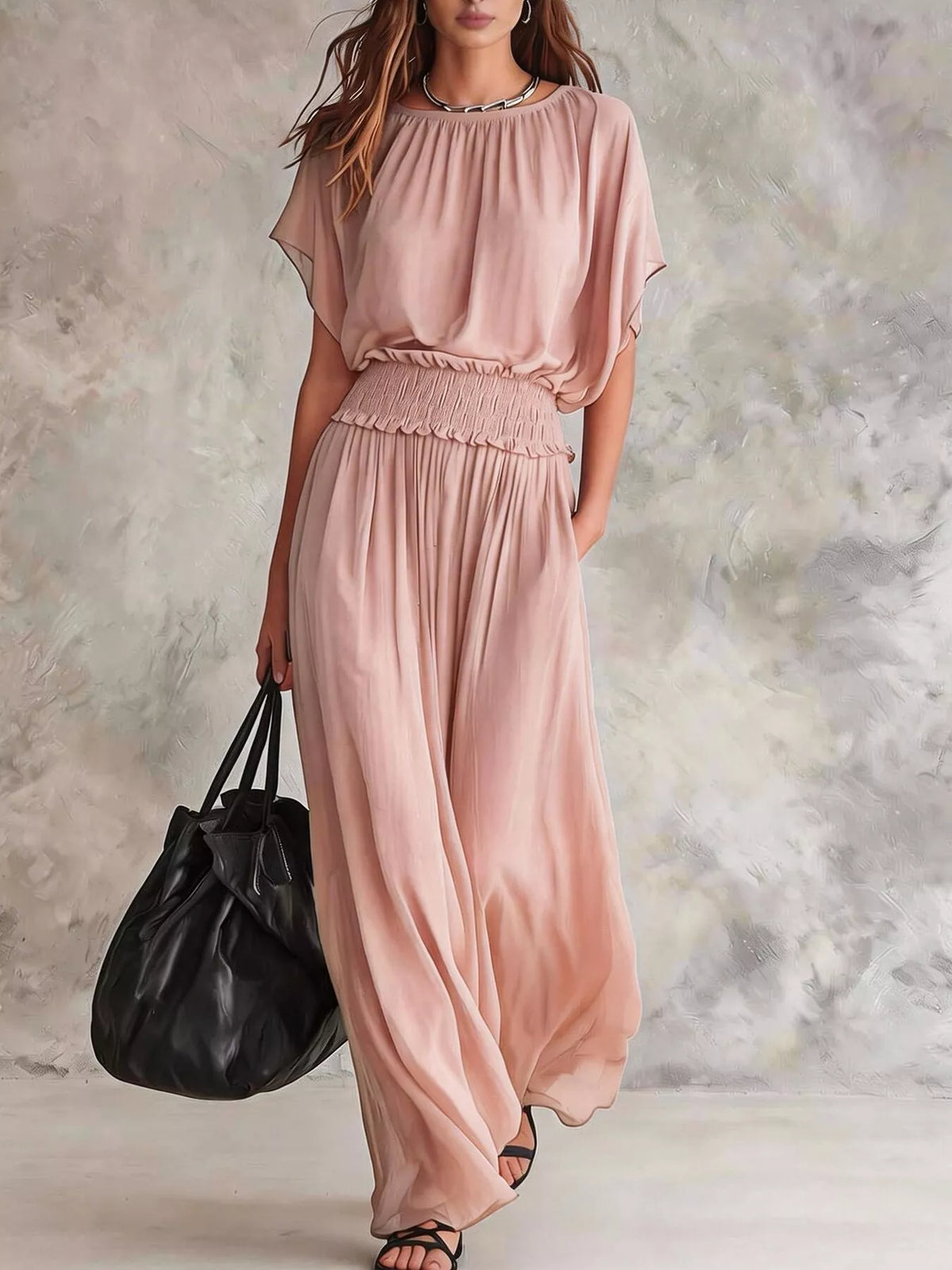 Dusty pink chiffon maxi dress with smocked waist and flutter sleeves, gathered bodice