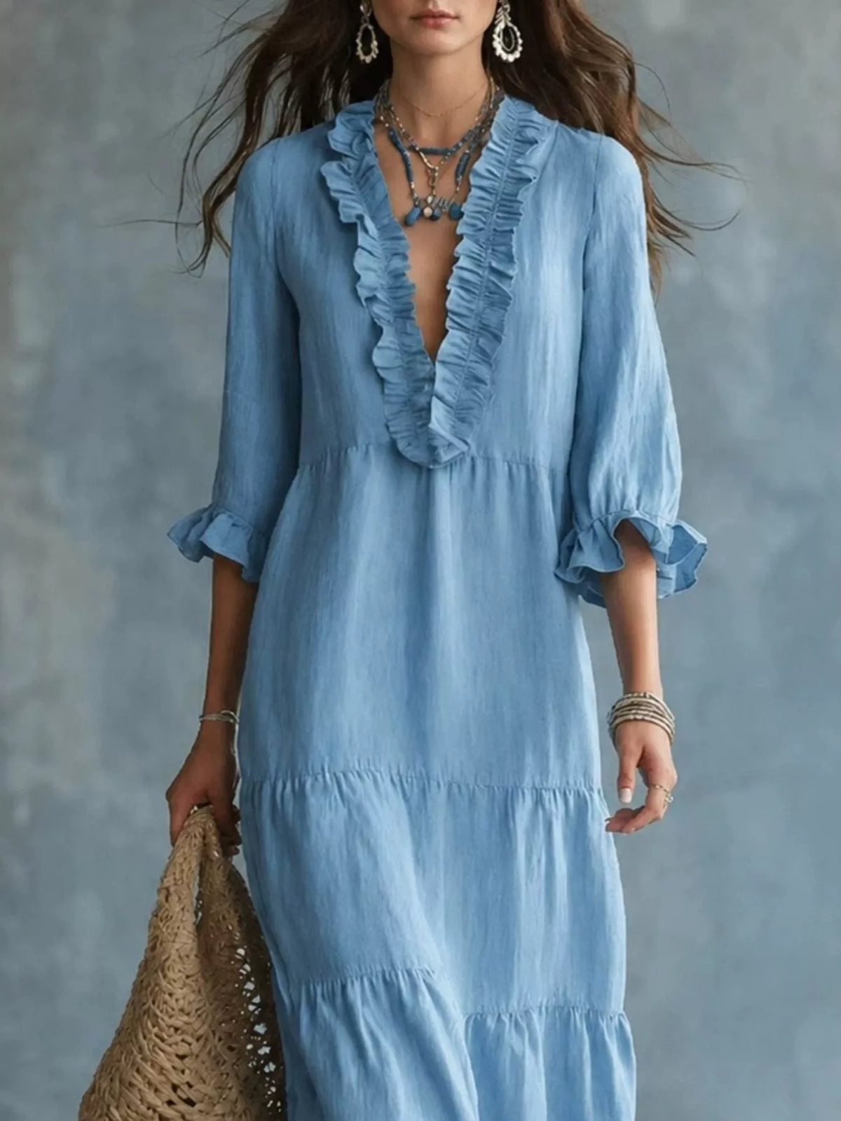 Sky blue ruffled V-neck tiered maxi dress, short sleeves with ruffle trim