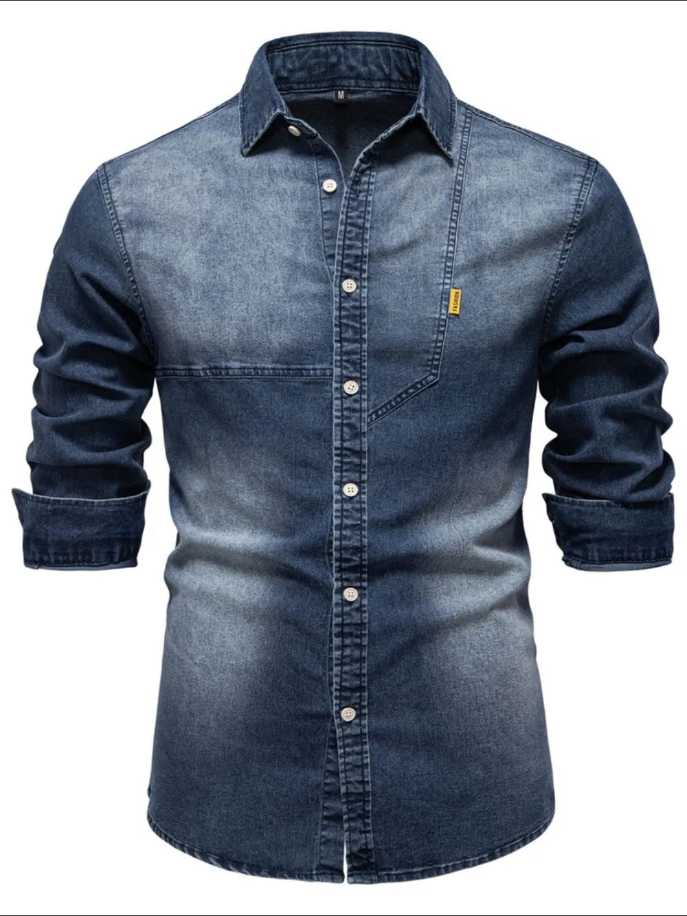 Blue denim button-down shirt with pointed collar, front buttons, and chest pocket