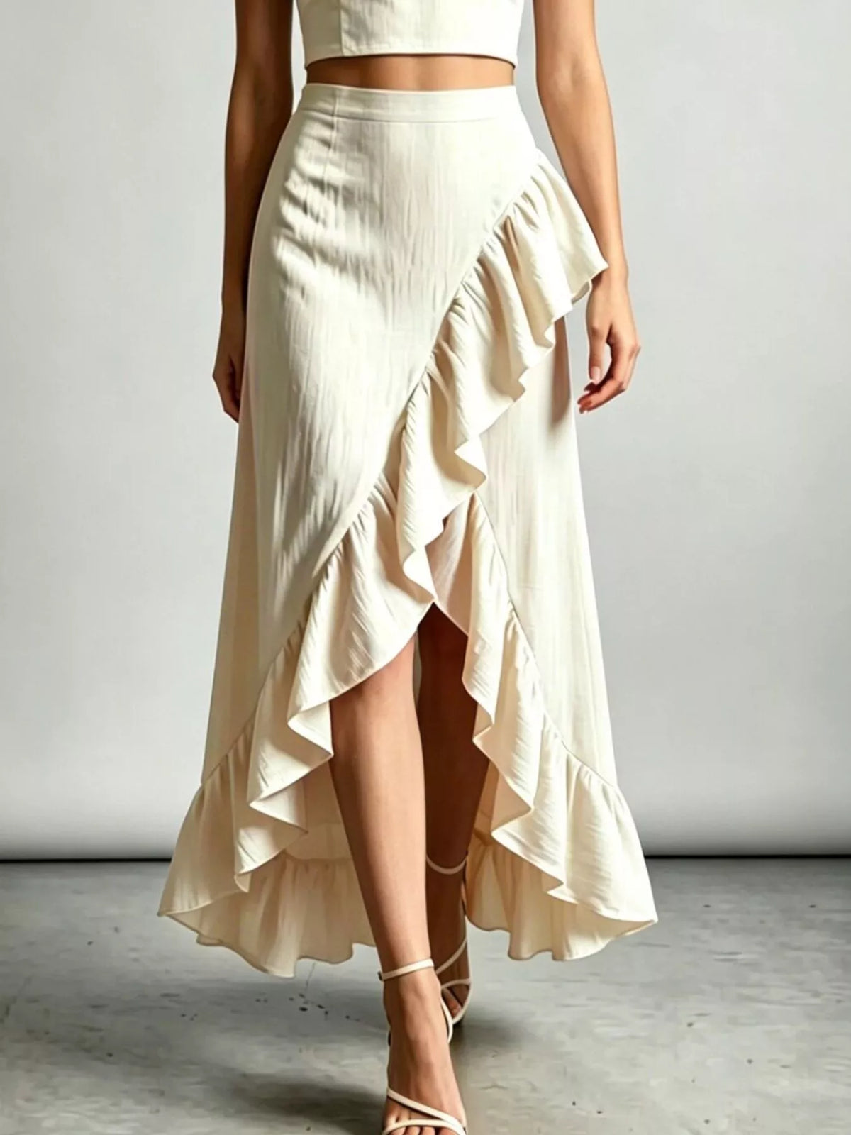 Beige ruffled high-low maxi skirt with halter crop top set
