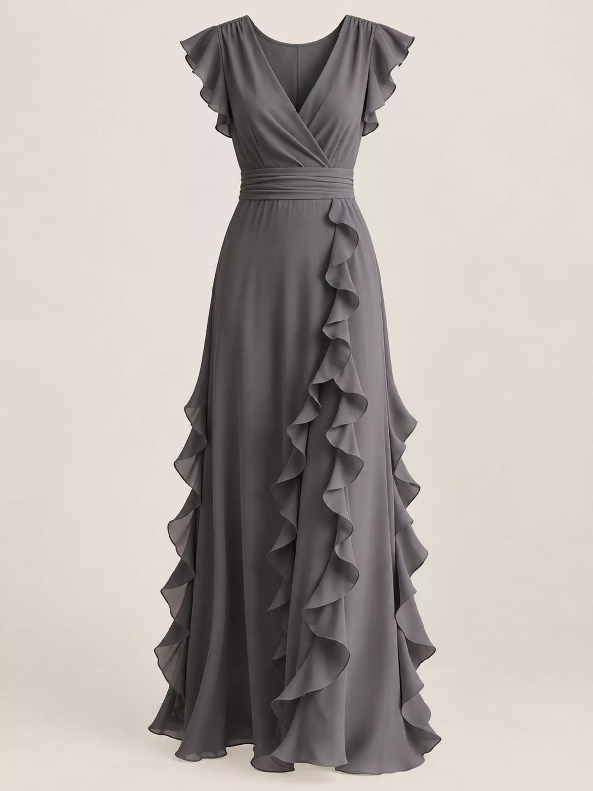 Graphite gray sleeveless maxi dress front with V-neck wrap and layered ruffle hem