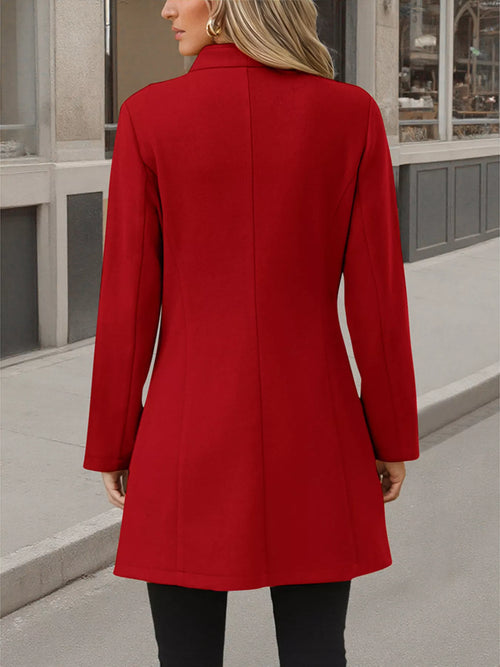 Red button-up long sleeve coat, back view with tailored seam details