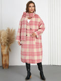 Plaid button-up long coat in pink and cream with double-breasted buttons and hooded collar