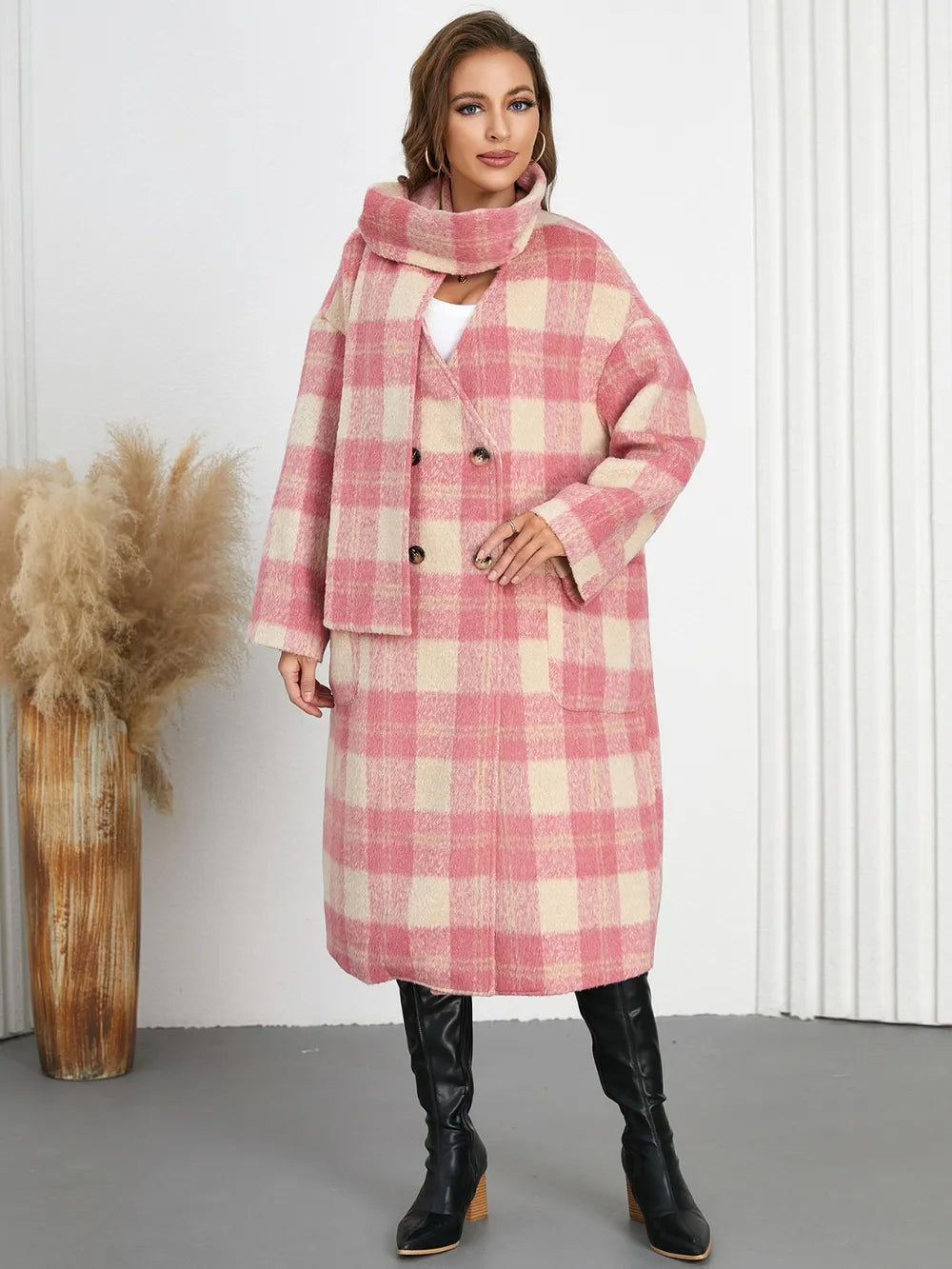 Plaid button-up long coat in pink and cream with double-breasted buttons and hooded collar
